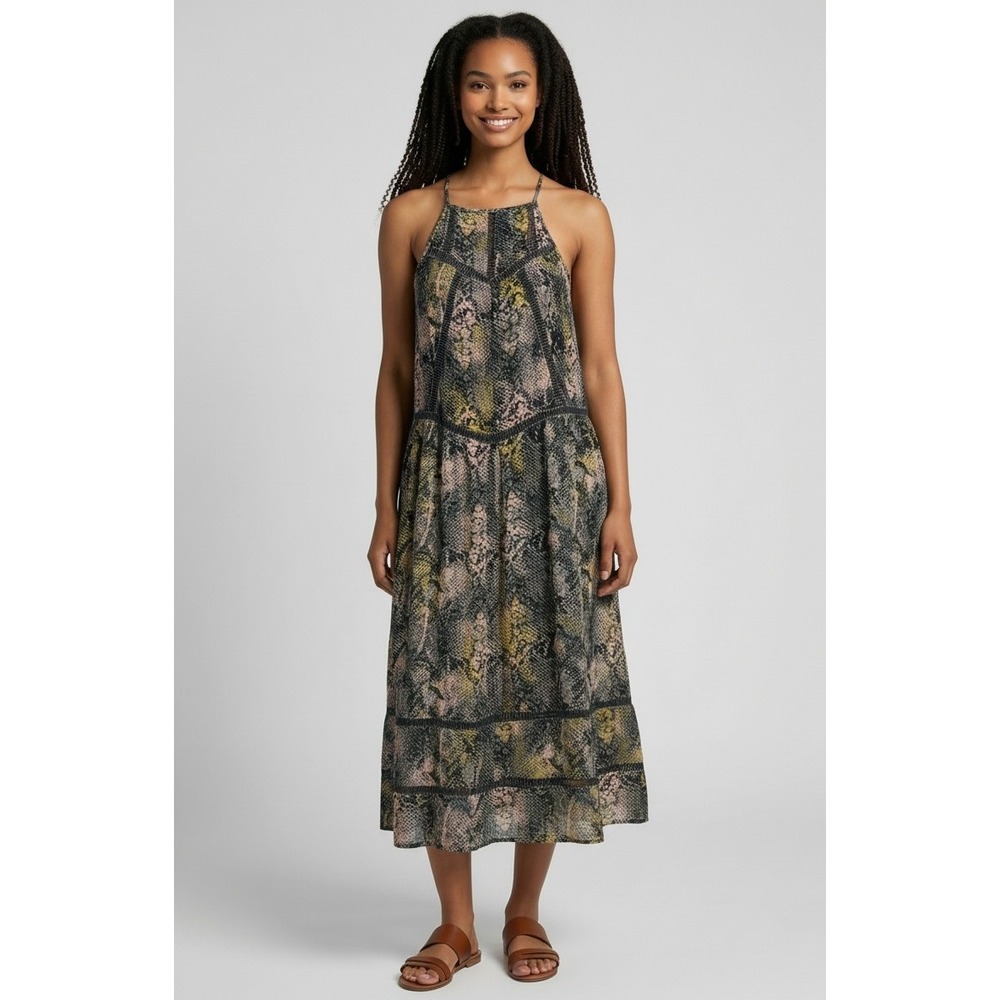 Cleobella Snakeskin Print Midi Dress Womens Black Ladder Lace Trim Size Medium